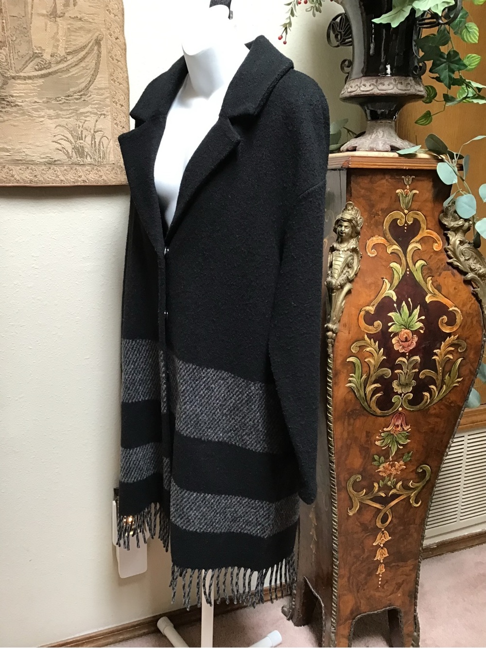 Tahari Black and Gray Striped Fringe Open-Front Cardigan
